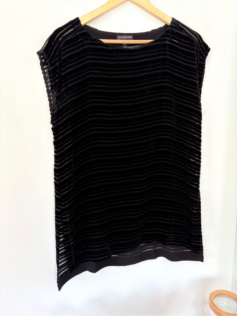 EILEEN FISHER PS Black Velvet Sheer Stripe Tunic Top Silk Blend Cap Sleeve EUC